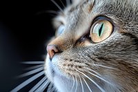 Close up macro shot of gray cat face with striking yellow-green eye, long whiskers and pink nose against dark background, showing detailed fur texture.
