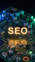 SEO text glowing on computer circuit board with electronic components and colorful LED lights for digital marketing and search engine optimization.