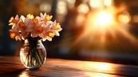 Fresh spring daffodils in glass vase on wooden table at sunset with golden sunburst and bokeh background creating warm atmospheric mood.