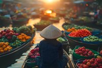 Asian vendor in traditional conical hat selling fresh produce from wooden boat at floating market during golden sunset, colorful fruits and vegetables displayed.