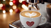 Fresh espresso pouring into white cup with heart design, creating latte art pattern on creamy foam surface against blurred warm bokeh lights background.