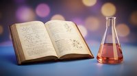Open chemistry textbook with molecular formulas and glass flask containing red liquid on laboratory table with colorful bokeh background.