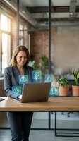 Woman in business attire working on laptop with sustainability icons floating above, representing green technology and environmental responsibility in modern office workspace.