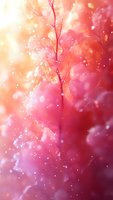 Dreamy pink winter background with delicate tree branch silhouette against soft bokeh lights and falling snow, creating magical seasonal atmosphere.
