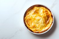 Homemade shepherd's pie with golden mashed potato topping in white ceramic dish on marble background, traditional British comfort food served hot.