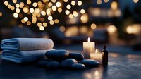 Tranquil spa setting with hot stones, folded towels, aromatherapy oil, and glowing candles against blurred bokeh lights creating peaceful ambiance for wellness and relaxation.