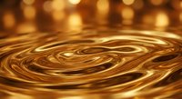 Swirling golden liquid surface with ripples and reflections, creating a luxurious metallic texture background for premium design projects.