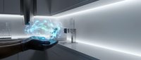 Futuristic holographic brain projection floating above hand in modern laboratory setting showcasing artificial intelligence and neuroscience technology concepts.