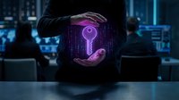 Businessman holding glowing neon key symbol in hands against digital network background, representing cybersecurity, data protection, and access control solutions.