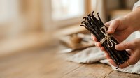 Hands holding bundle of dried vanilla beans with natural kitchen background, culinary ingredient for cooking and baking purposes.