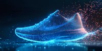 Glowing blue athletic shoe with sparkle effect and particle trails on dark background, modern sports footwear design concept for active lifestyle and fitness motivation.