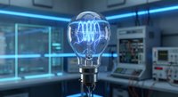 Glowing light bulb with blue digital circuit patterns in modern laboratory setting representing innovation and technological breakthrough in research.