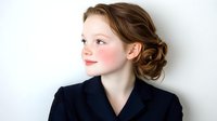 Young woman with upswept brown hair and natural makeup wearing black blazer poses against white background, looking away with gentle smile. Professional portrait.
