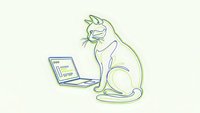 Stylized cat sitting next to laptop computer in minimalist line art style on light background for modern digital workspace designs.