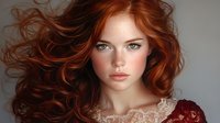 Young Caucasian woman with flowing red hair and freckles in elegant lace dress against neutral background for beauty and fashion concepts.