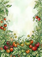 Botanical illustration of tomato plants with ripe red and green fruits, flowering vines, and leafy foliage framing a central white space, suitable for recipe cards, menus, and garden designs.