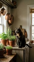 Tabby cat sitting on windowsill surrounded by potted herbs and hanging copper cookware in rustic kitchen interior with natural light for home decor and lifestyle content.