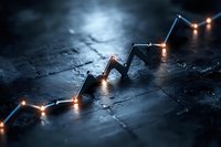 Glowing line graph chart showing upward trend on dark textured surface with dramatic lighting and shallow depth of field for business and financial concepts.