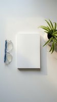 Minimalist workspace with blank notebook, blue eyeglasses and spider plant on clean white surface for business planning and creative projects.