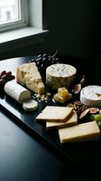 Elegant cheese board with blue cheese, brie, aged cheddar, honeycomb, figs, grapes, and nuts on dark slate near a window.