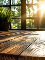 Sunlight streaming through window creates dramatic shadows on rustic wooden table surface, with green plant silhouette and forest backdrop in soft focus.