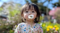 Young Asian girl blowing dandelion seeds in spring garden with colorful flowers and soft natural lighting for childhood and nature concepts.