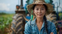 Young Asian female farmer in straw hat and denim shirt standing confidently with crossed arms in front of tractor, representing modern sustainable agriculture.