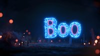 Glowing blue neon BOO text with magical sparkle effect on dark background with bokeh lights creates spooky Halloween atmosphere for seasonal designs.