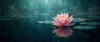 Pink lotus flower blooming on tranquil water surface with lily pads in serene pond. Peaceful zen meditation and spiritual wellness concept for relaxation.