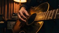 Close-up of male hands strumming an acoustic guitar in a warmly lit recording studio, capturing music, creativity, and artistic passion.