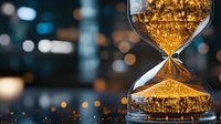 Elegant hourglass with flowing golden glitter sand against dark bokeh background creates magical atmosphere, symbolizing time passage and precious moments.