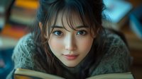 Young Asian woman with bright blue eyes and dark hair reading book in cozy sweater, soft natural lighting creates intimate atmosphere for lifestyle and education concepts.