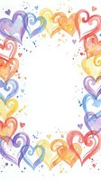 Watercolor rainbow hearts frame with paint splatters on white background for Valentine's Day cards, wedding invitations and romantic designs.