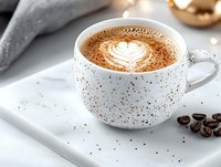 Cappuccino with heart latte art in speckled white ceramic cup on marble surface with coffee beans and golden decorative elements for cafe menu design.
