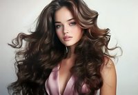 Young brunette woman with voluminous curly hair and glamorous makeup wearing pink satin top against neutral background for beauty and fashion concepts.