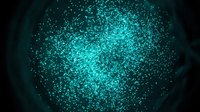 Glowing turquoise particles form a spherical cluster against dark background, creating luminous digital effect suitable for technology and science visuals.