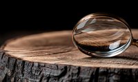 Magnifying glass on rustic wooden surface with dramatic lighting creates mysterious detective mood, highlighting textured wood grain details in sepia tones.