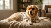 Golden retriever dog wearing striped sweater relaxing on cozy blanket in bright living room with natural sunlight streaming through windows.