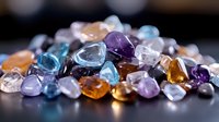 Collection of colorful polished gemstones including amethyst, citrine, aquamarine and clear quartz crystals arranged on dark surface for jewelry making.