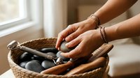 Hands of a woman with bracelets arranging hot massage stones in a wicker basket with wooden comb and roller for spa wellness routine.