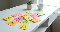 Colorful sticky notes with thank you messages scattered on white desk surface near window with coffee cup and small plant for office gratitude concept.