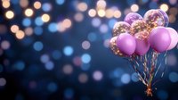 Pink and gold confetti balloons floating against dark blue bokeh background with glowing light effects create magical party atmosphere.