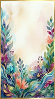 Watercolor floral frame with vibrant leaves and blooms in jewel tones, featuring gold accents and soft washes. Isolated design on white background, ready for invitations, cards, and print projects.