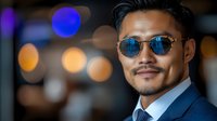 Confident Asian businessman in blue suit and sunglasses against blurred city lights background for corporate and professional lifestyle concepts.