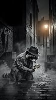 Detective raccoon in fedora hat examining evidence with magnifying glass in foggy Victorian alley at night under street lamp for mystery crime fiction concepts.