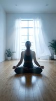 Woman of African descent in meditation pose on wooden floor in bright, minimalist studio with large windows and sheer curtains, suitable for wellness, yoga, and mindfulness content.