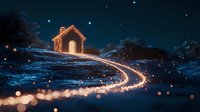 Glowing house silhouette with magical light path winding through snowy night landscape under starry sky, creating dreamy winter atmosphere.