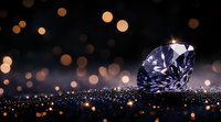Large blue diamond on dark glittering surface with golden bokeh lights in background creating luxurious atmosphere for jewelry advertising and luxury concepts.