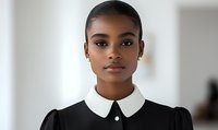Young African American woman wearing classic black dress with white peter pan collar looking confidently at camera against light background.