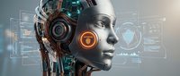 Futuristic AI robot head with glowing orange eye and digital interface elements showcasing artificial intelligence and machine learning technology concepts.